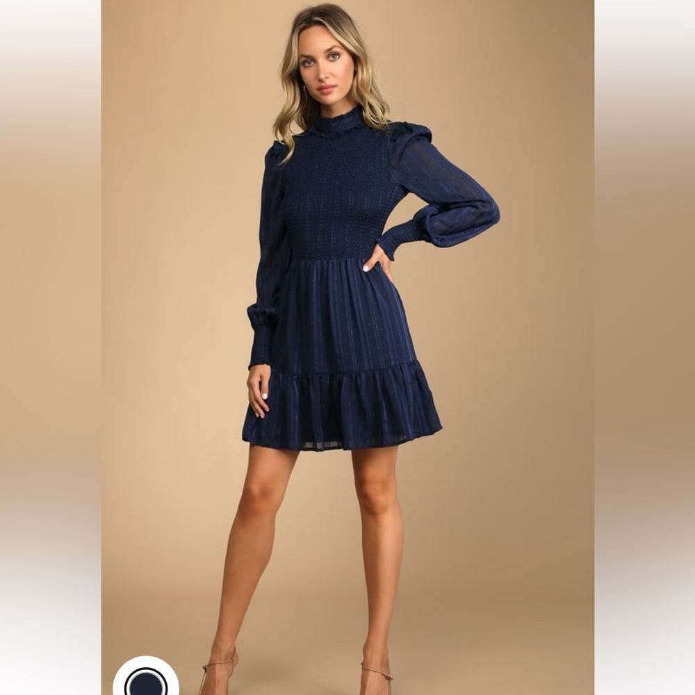Lulus Heartful Romance Navy Striped Smocked Long Sleeve Mini Dress